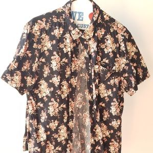 Black floral short sleeve button down